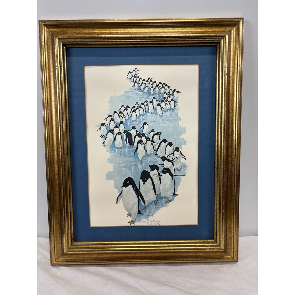Vtg Mary Osterday Penguin Print Art Signed Numbered Framed Nature Whimsical